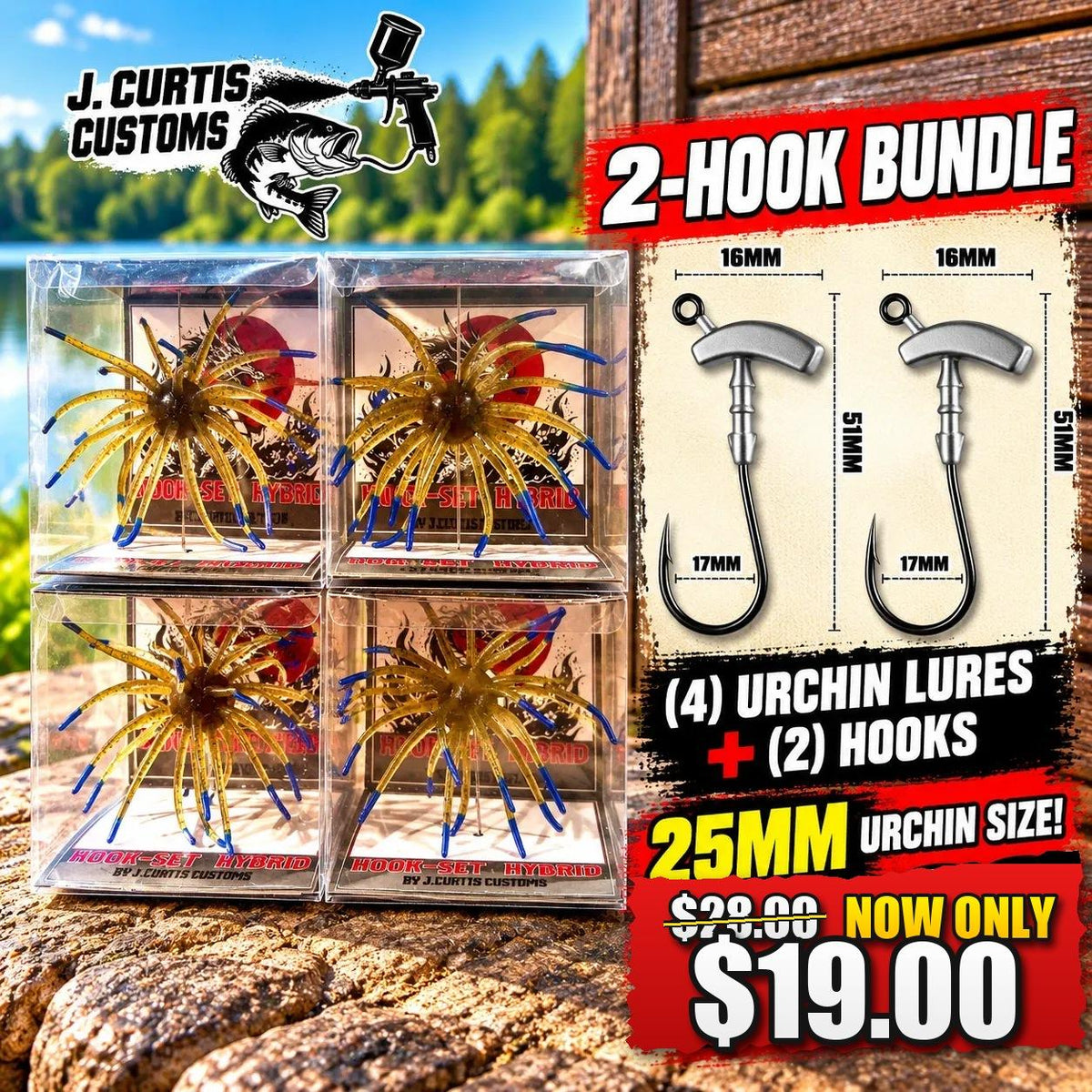 25MM Urchin 4-Pack w/ 2 Urchin Hooks! Hookset Hybrid Retail Boxed Soft Urchin Fishing Lures with Pre-Weighted Hooks