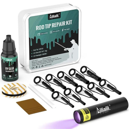 Fishing Rod Tip Repair Kit – 10 Replacement Rod Tips, UV Glue, UV Flashlight, Wrapping Thread & Sandpaper – Complete Fix Kit for Broken Rod Tips