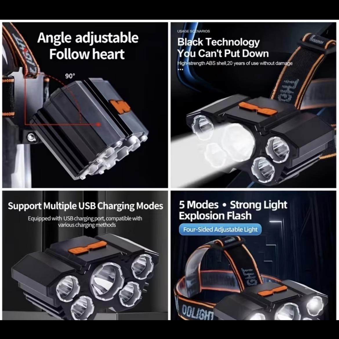2 LED Headlamps + Zoomable Flashlight Set with Hard Carry Case - USB Rechargeable, 5-Mode Headlamps & 7-Mode Flashlight for Night Fishing, Camping, Hunting & Emergency