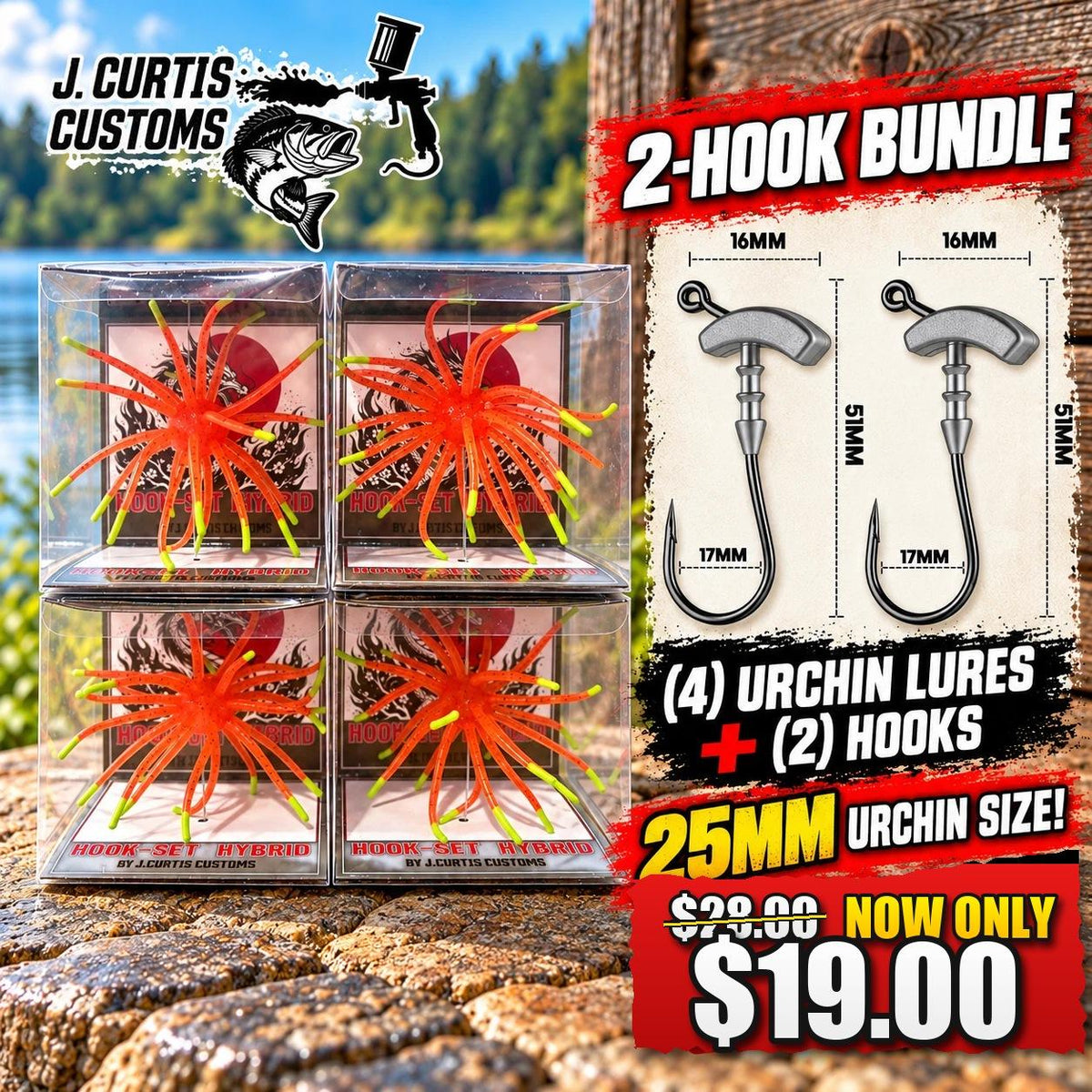 25MM Urchin 4-Pack w/ 2 Urchin Hooks! Hookset Hybrid Retail Boxed Soft Urchin Fishing Lures with Pre-Weighted Hooks