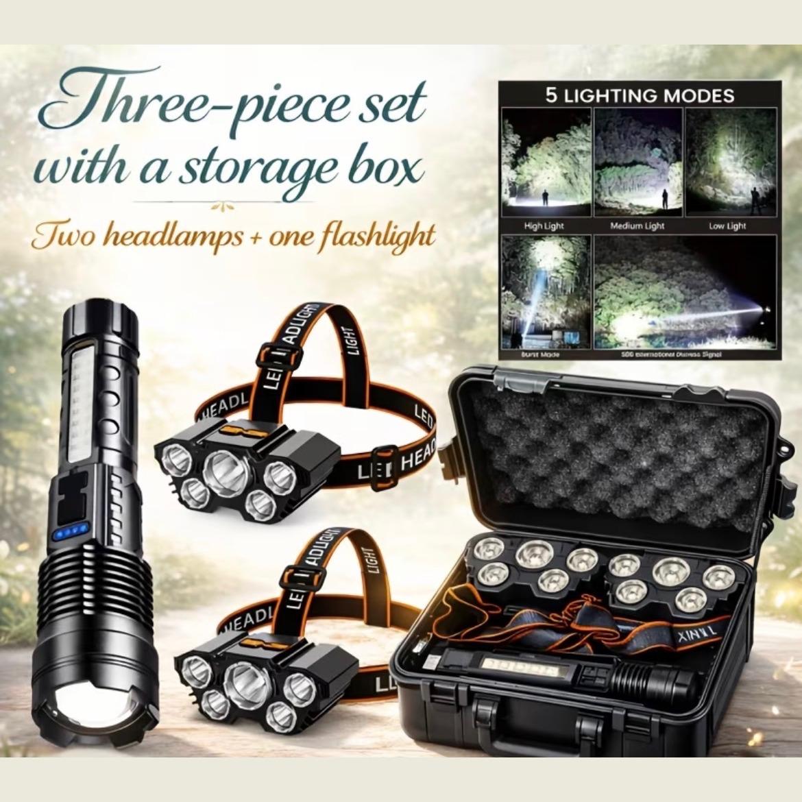 2 LED Headlamps + Zoomable Flashlight Set with Hard Carry Case - USB Rechargeable, 5-Mode Headlamps & 7-Mode Flashlight for Night Fishing, Camping, Hunting & Emergency