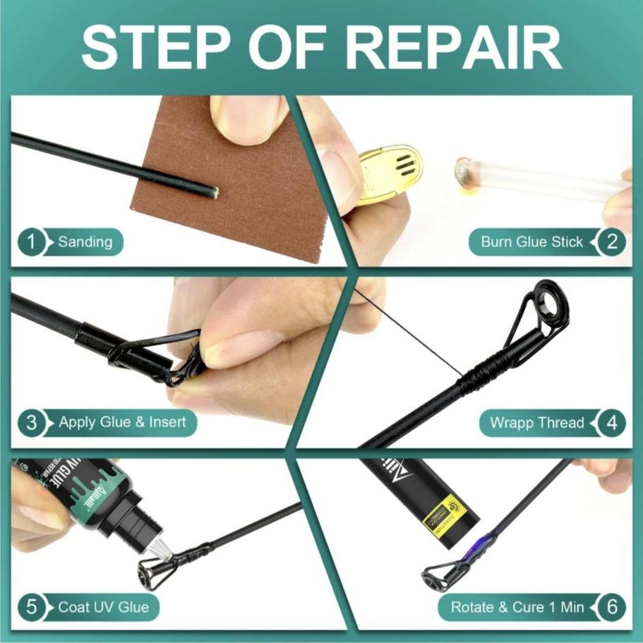 Fishing Rod Tip Repair Kit – 10 Replacement Rod Tips, UV Glue, UV Flashlight, Wrapping Thread & Sandpaper – Complete Fix Kit for Broken Rod Tips