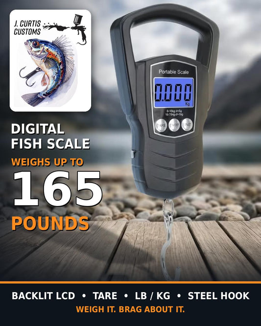 J_Curtis_Customs Digital Fish Scale 165 lb (75 kg) with Built-In Tape Measure – Backlit LCD Hanging Hook Scale for Catfish, Bass & Big Game Fishing