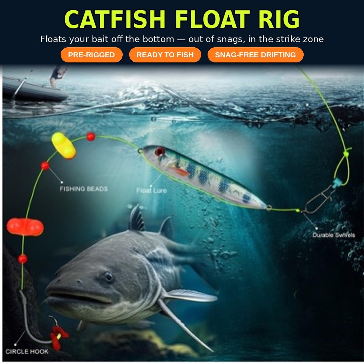 Catfish Float Rigs 4 Pack, Hand Assembled Rigs with 4 in Lure Style Floats, 40 lb Mono Line, Peg Floats and 8/0 Circle Hook, Ready to Fish