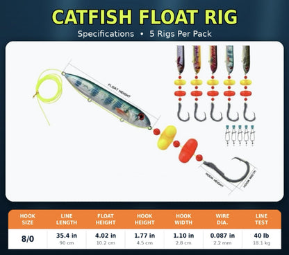Catfish Float Rigs 4 Pack, Hand Assembled Rigs with 4 in Lure Style Floats, 40 lb Mono Line, Peg Floats and 8/0 Circle Hook, Ready to Fish