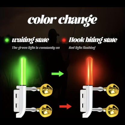 4 Pack LED Fishing Rod Tip Bite Alarm Lights with Twin Bells - Green to Red Color Change Night Fishing Bite Indicator for Catfish, Clip-On (Batteries Not Included)