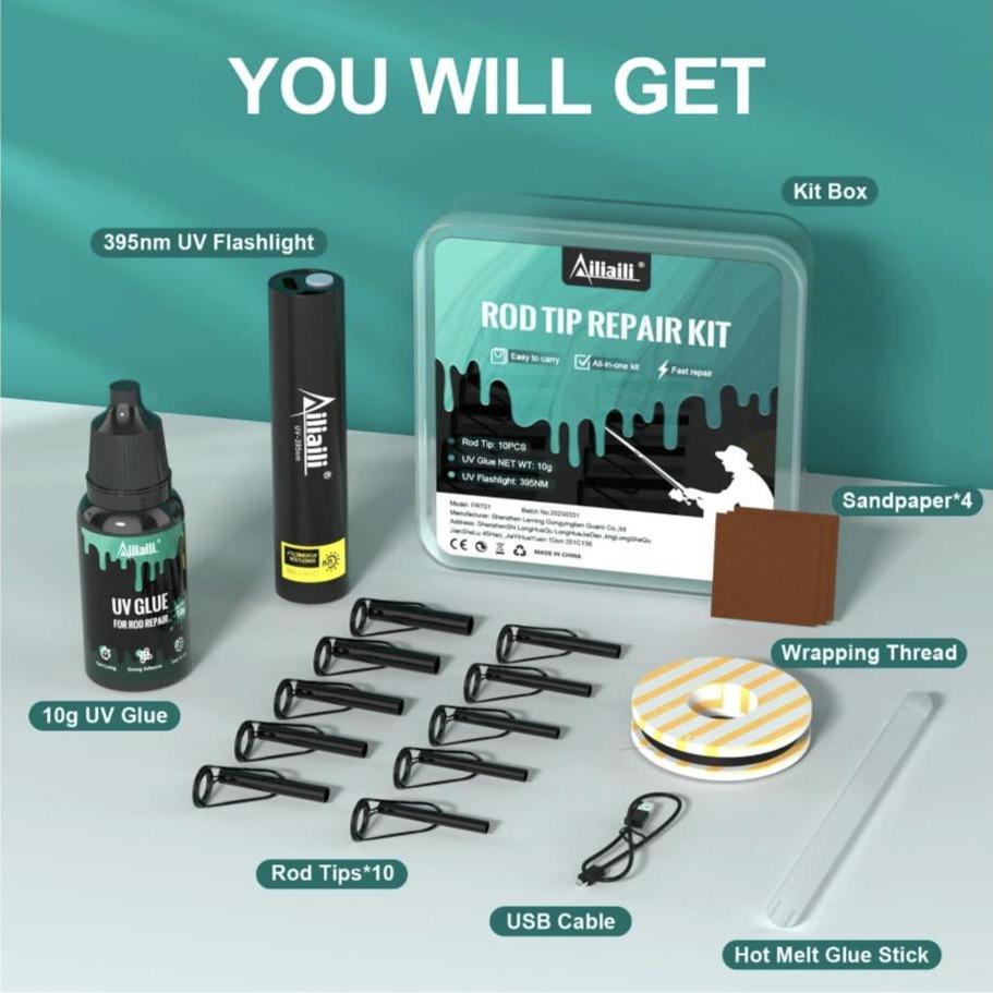 Fishing Rod Tip Repair Kit – 10 Replacement Rod Tips, UV Glue, UV Flashlight, Wrapping Thread & Sandpaper – Complete Fix Kit for Broken Rod Tips