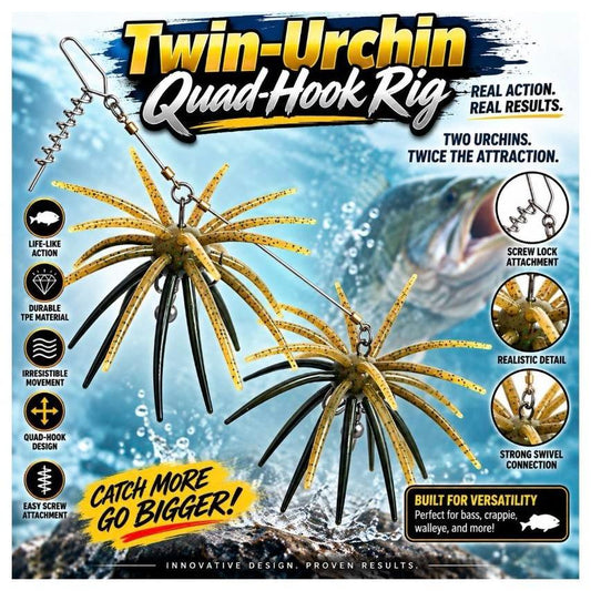 Double Urchin Rig with Adjustable Teardrop Weights - Twin-Urchin Quad-Hook Setup, Screw Lock, Includes 4 TPE Urchins, J_Curtis_Customs