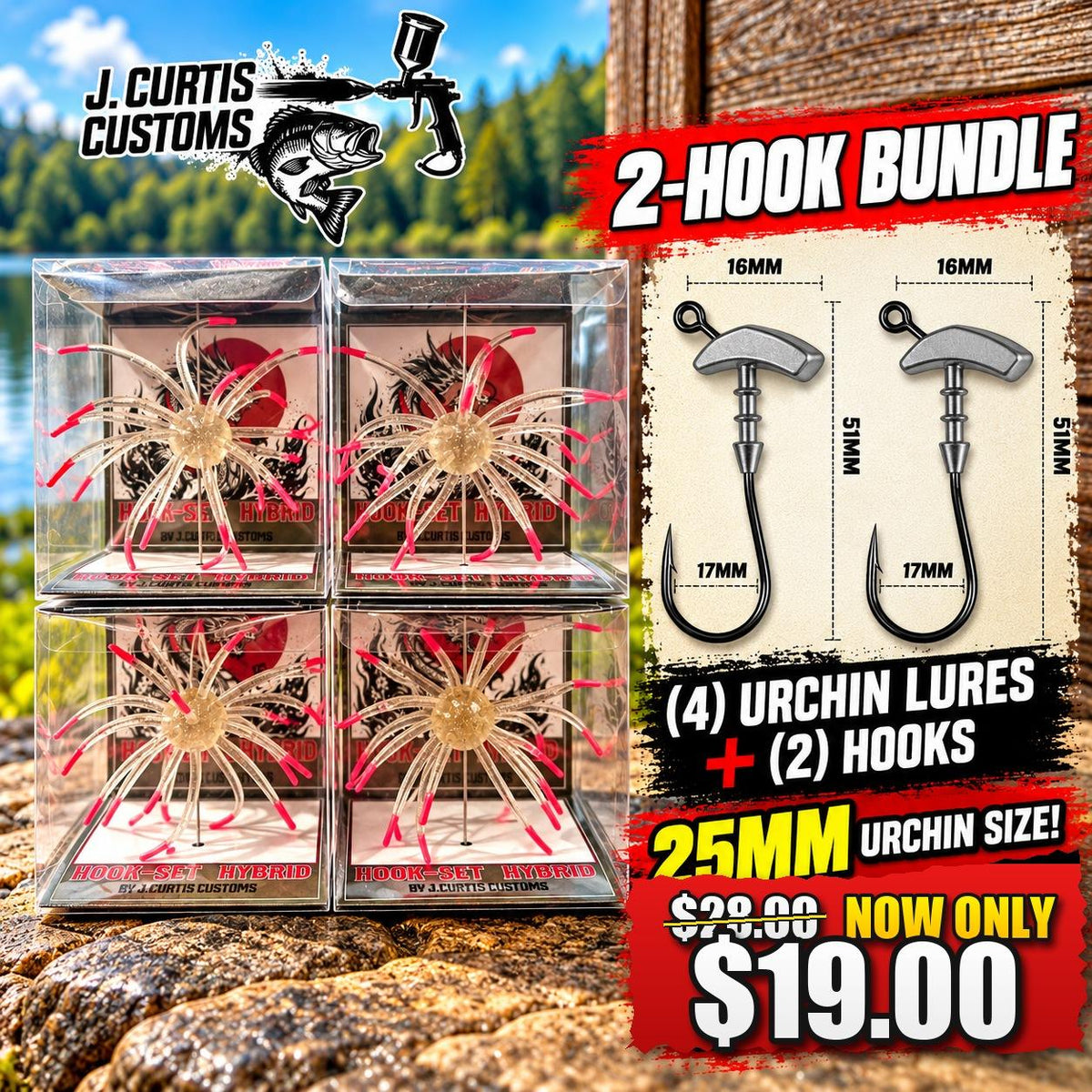 25MM Urchin 4-Pack w/ 2 Urchin Hooks! Hookset Hybrid Retail Boxed Soft Urchin Fishing Lures with Pre-Weighted Hooks