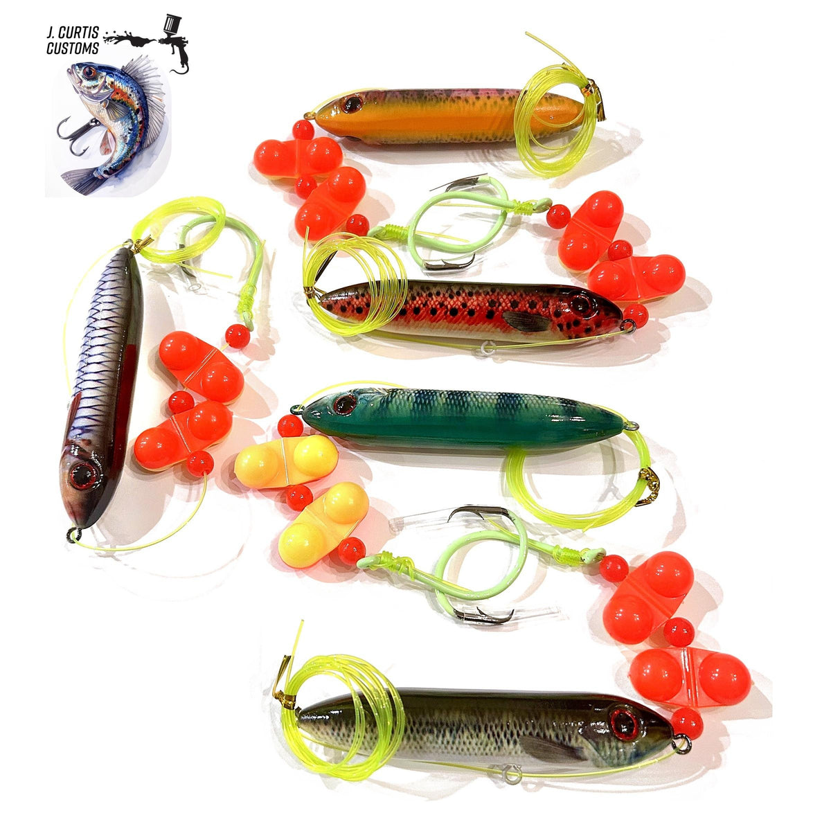 Catfish Float Rigs 4 Pack, Hand Assembled Rigs with 4 in Lure Style Floats, 40 lb Mono Line, Peg Floats and 8/0 Circle Hook, Ready to Fish