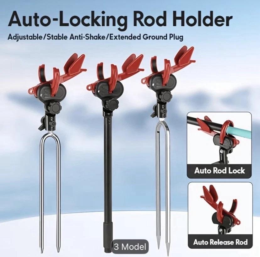 2-Pack Auto-Locking Ground Stake Fishing Rod Holders, Self-Locking Adjustable Bank Rod Holder with Detachable Fork Stake