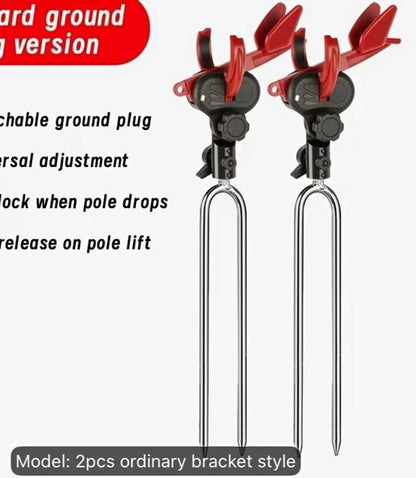 2-Pack Auto-Locking Ground Stake Fishing Rod Holders, Self-Locking Adjustable Bank Rod Holder with Detachable Fork Stake