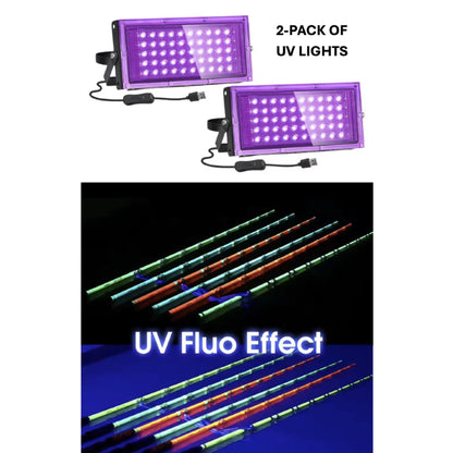 2 Pack UV Black Light LED for Night Fishing - Catfish Rod & Line Glow Blacklight, USB Powered with On/Off Switch & Adjustable Bracket