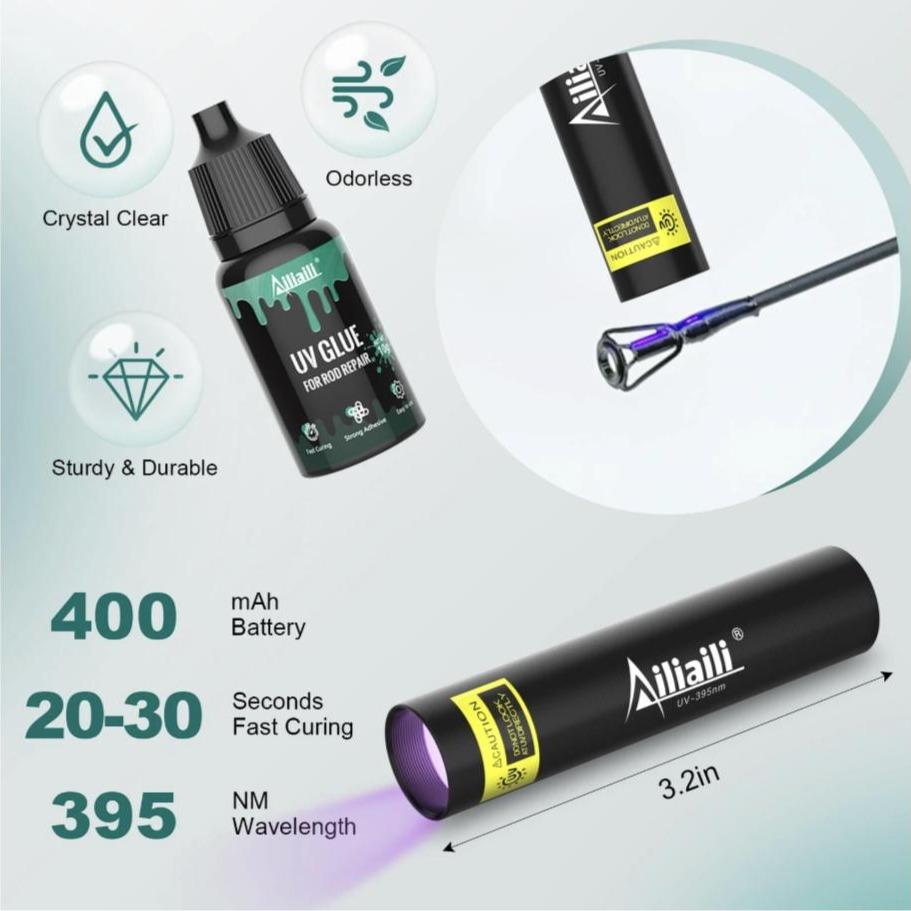 Fishing Rod Tip Repair Kit – 10 Replacement Rod Tips, UV Glue, UV Flashlight, Wrapping Thread & Sandpaper – Complete Fix Kit for Broken Rod Tips