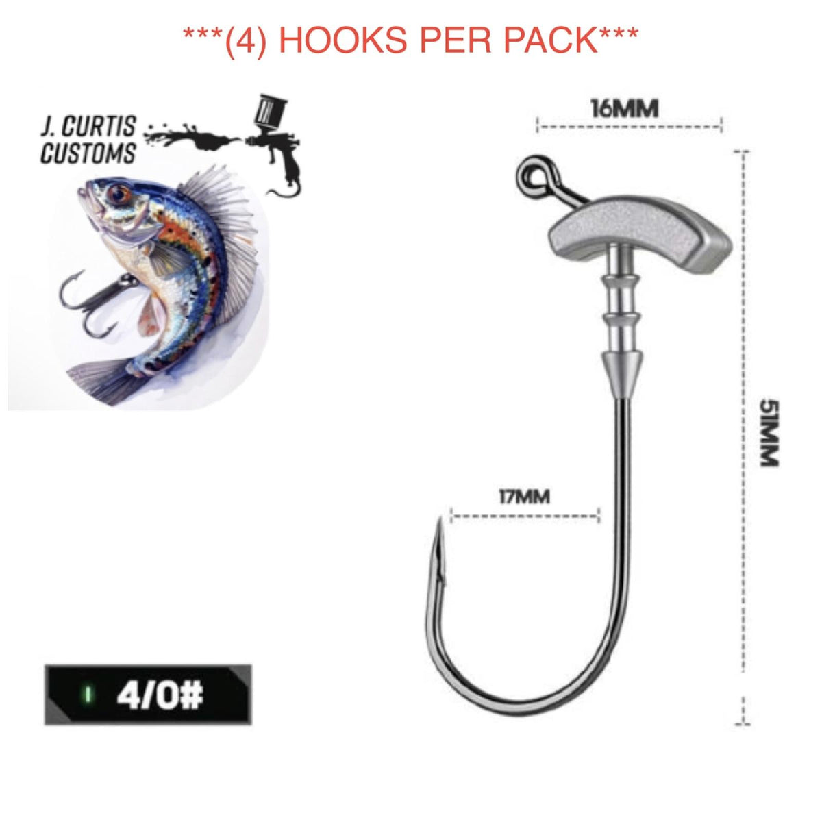 1/4 oz Pre-Weighted Urchin Hook 4 Pack, 4/0 Black Nickel Weighted Hooks with Bait Keeper for Urchin Style Soft Plastic Lures, Bass Fishing