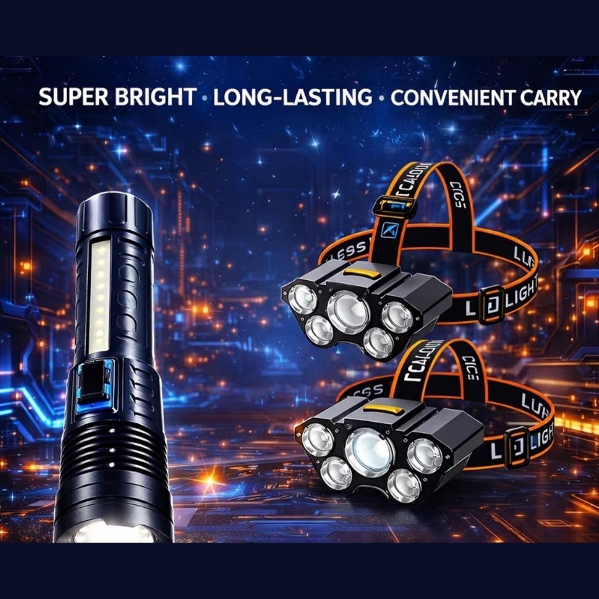 2 LED Headlamps + Zoomable Flashlight Set with Hard Carry Case - USB Rechargeable, 5-Mode Headlamps & 7-Mode Flashlight for Night Fishing, Camping, Hunting & Emergency