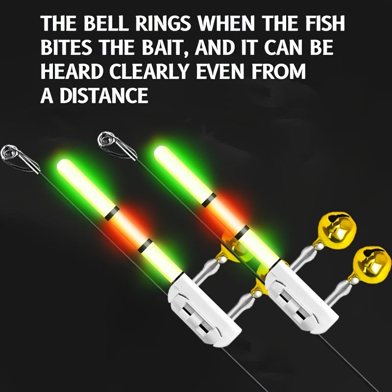 4-Pack LED Rod Tip Bite Indicator Lights with Twin Bells - 3-Section Green/Red Glow Stick, Clip-On Night Fishing Bite Alarm (CR425 Batteries Not Included)