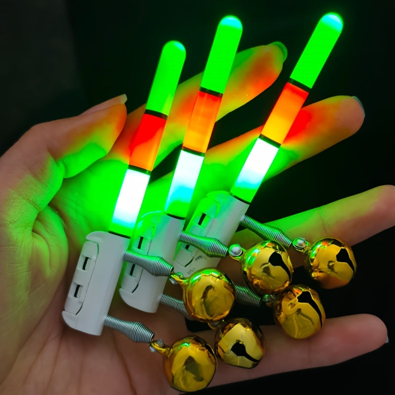 4-Pack LED Rod Tip Bite Indicator Lights with Twin Bells - 3-Section Green/Red Glow Stick, Clip-On Night Fishing Bite Alarm (CR425 Batteries Not Included)