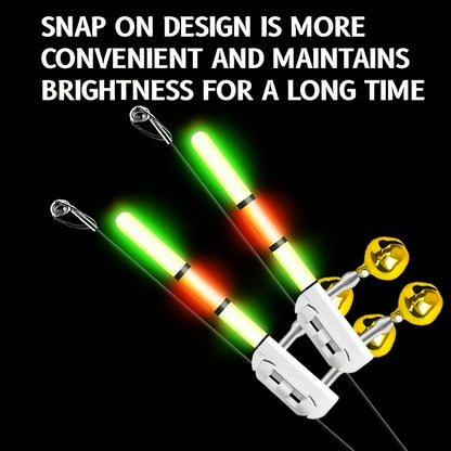 4-Pack LED Rod Tip Bite Indicator Lights with Twin Bells - 3-Section Green/Red Glow Stick, Clip-On Night Fishing Bite Alarm (CR425 Batteries Not Included)