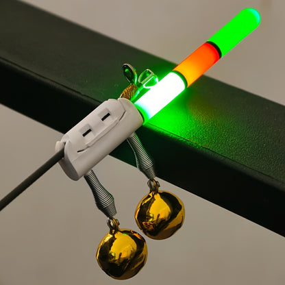 4-Pack LED Rod Tip Bite Indicator Lights with Twin Bells - 3-Section Green/Red Glow Stick, Clip-On Night Fishing Bite Alarm (CR425 Batteries Not Included)