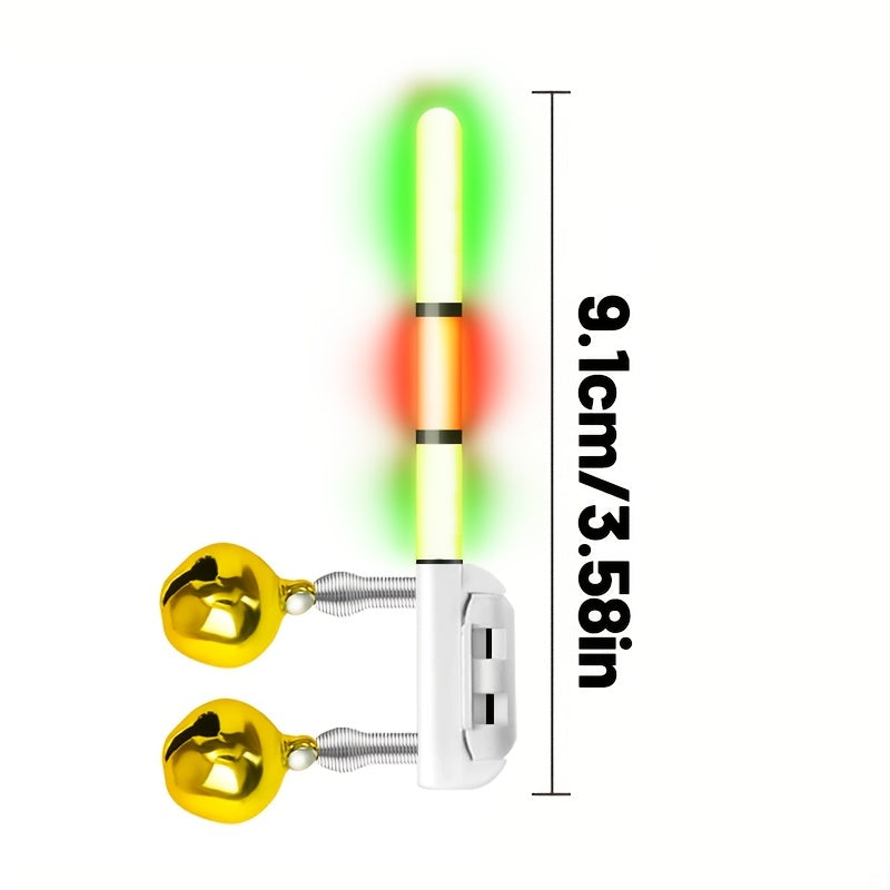 4-Pack LED Rod Tip Bite Indicator Lights with Twin Bells - 3-Section Green/Red Glow Stick, Clip-On Night Fishing Bite Alarm (CR425 Batteries Not Included)