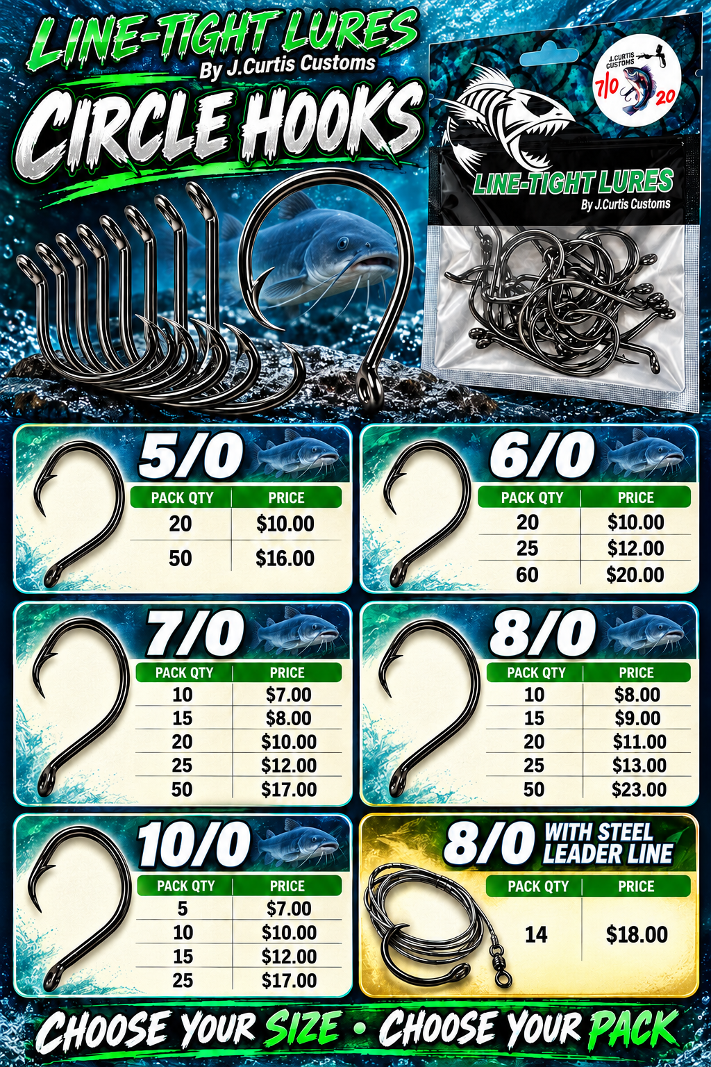 Line-Tight Lures Carbon Steel Circle Hooks for Big Catfish - Choose Your Size & Pack (5/0 to 10/0)