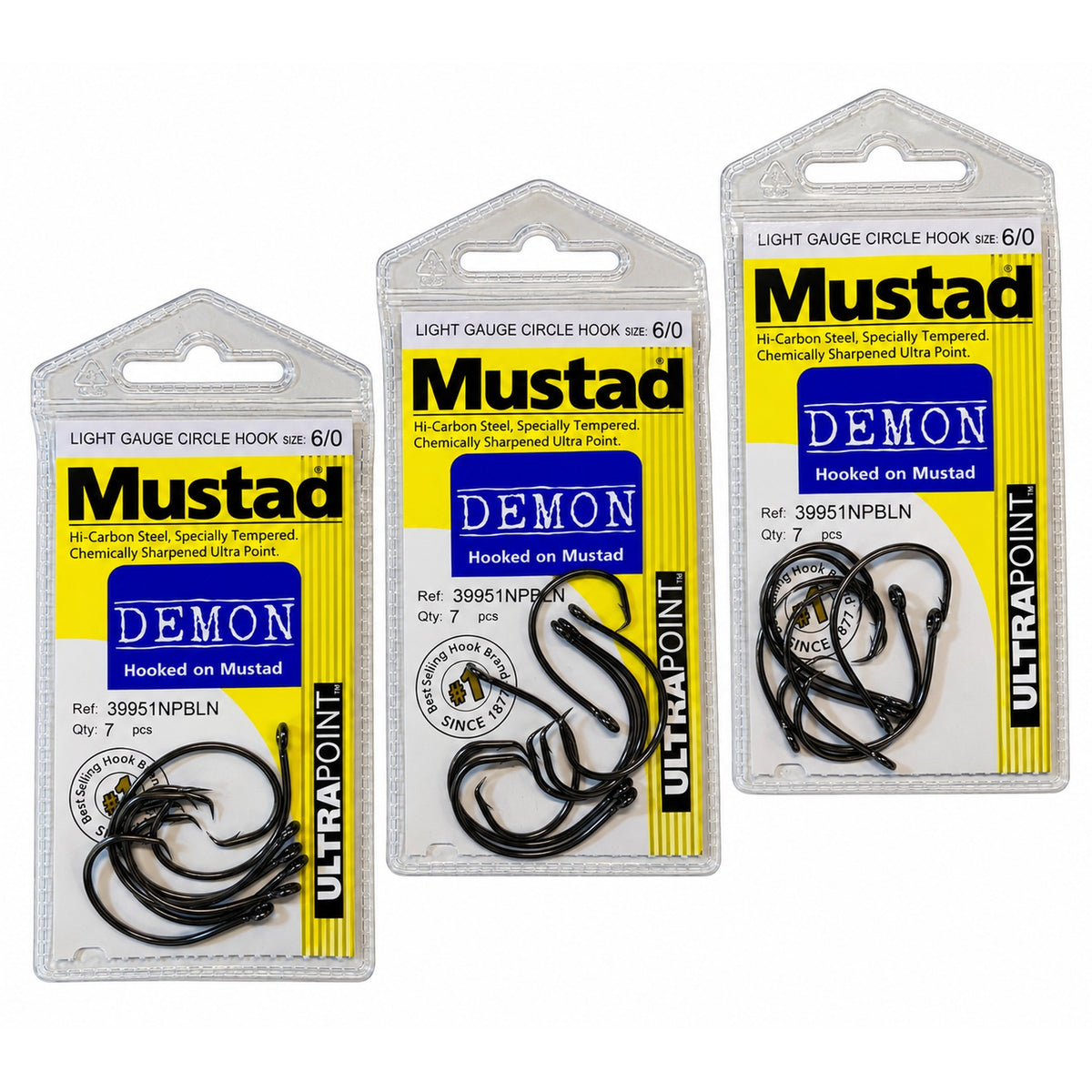 Mustad Demon Light Gauge Circle Hooks, Set of 3 Packs - 6/0, 7/0 or 8/0 - 39951NPBLN UltraPoint Catfish Hooks