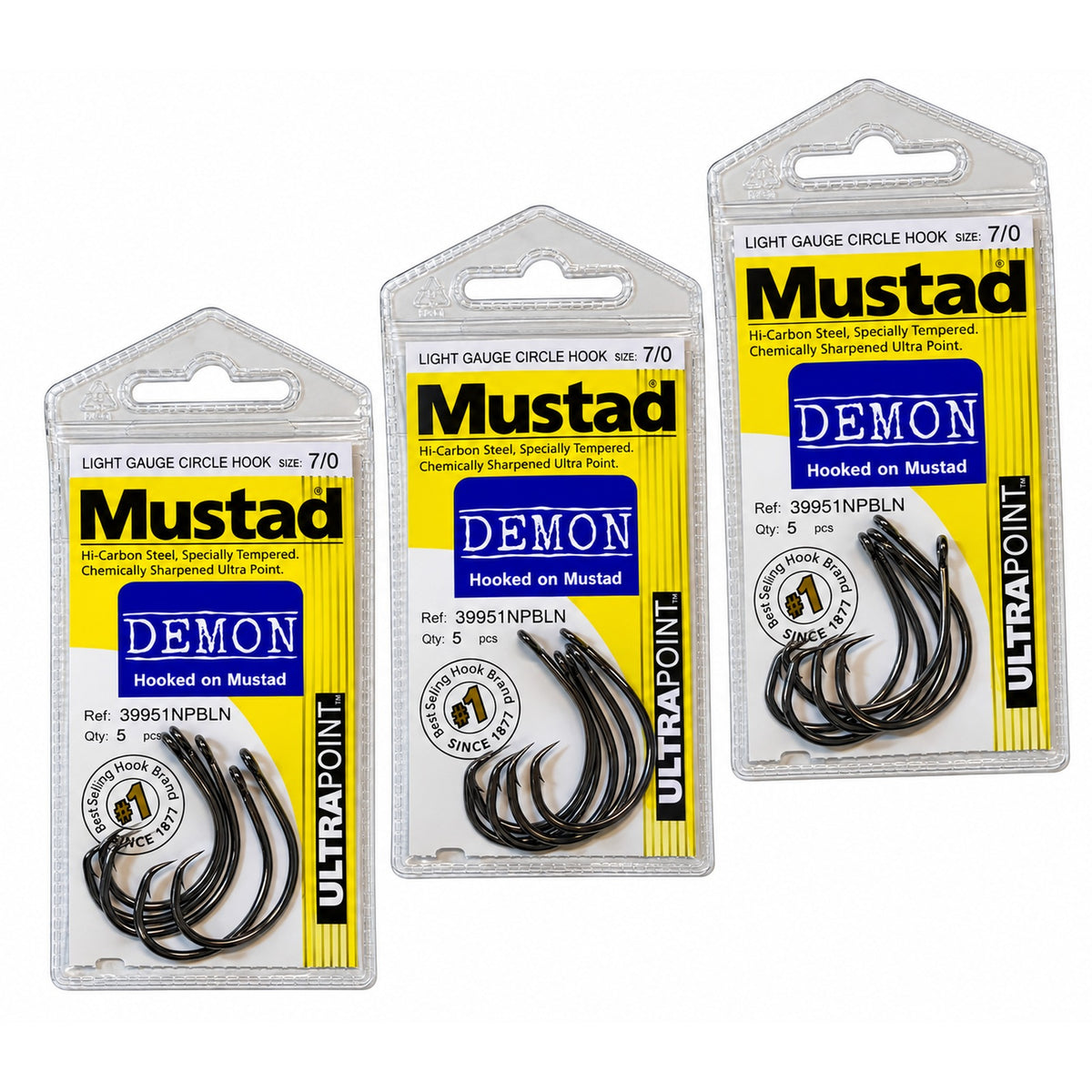 Mustad Demon Light Gauge Circle Hooks, Set of 3 Packs - 6/0, 7/0 or 8/0 - 39951NPBLN UltraPoint Catfish Hooks