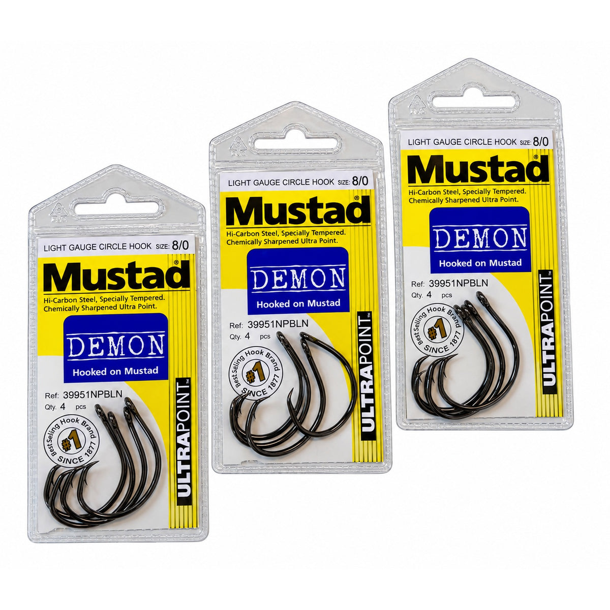 Mustad Demon Light Gauge Circle Hooks, Set of 3 Packs - 6/0, 7/0 or 8/0 - 39951NPBLN UltraPoint Catfish Hooks