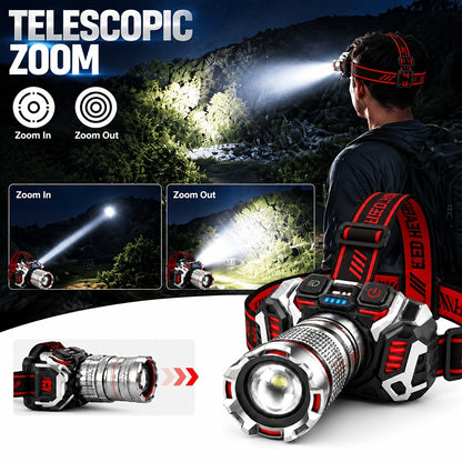 2-Pack LED Headlamps - USB Rechargeable Zoomable 1500 Lumen Head Lamps for Fishing & Camping