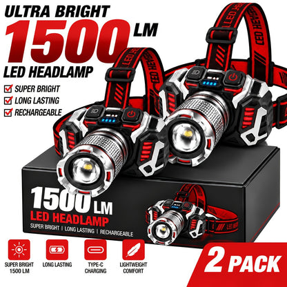 2-Pack LED Headlamps - USB Rechargeable Zoomable 1500 Lumen Head Lamps for Fishing & Camping