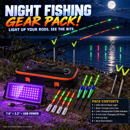 Night Fishing Gear Pack - UV Black Light, LED Floats, Rod Tip Bite Indicators, Rod Holders, Lip Grip & Carry Case