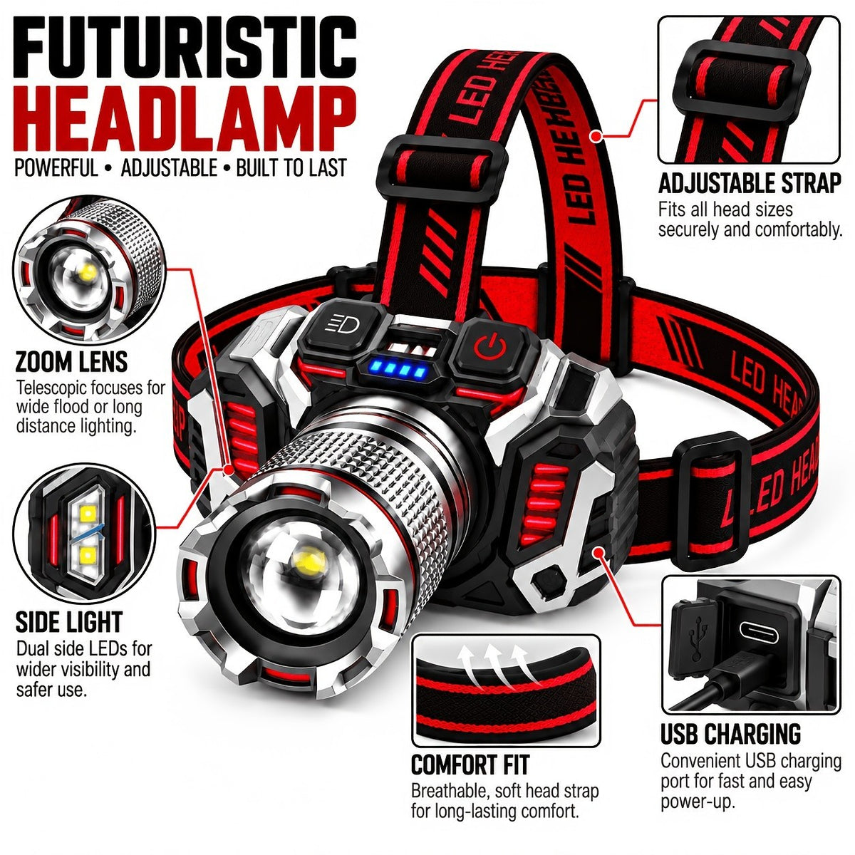 2-Pack LED Headlamps - USB Rechargeable Zoomable 1500 Lumen Head Lamps for Fishing & Camping