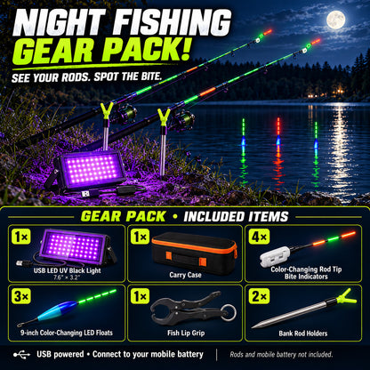 Night Fishing Gear Pack - UV Black Light, LED Floats, Rod Tip Bite Indicators, Rod Holders, Lip Grip & Carry Case